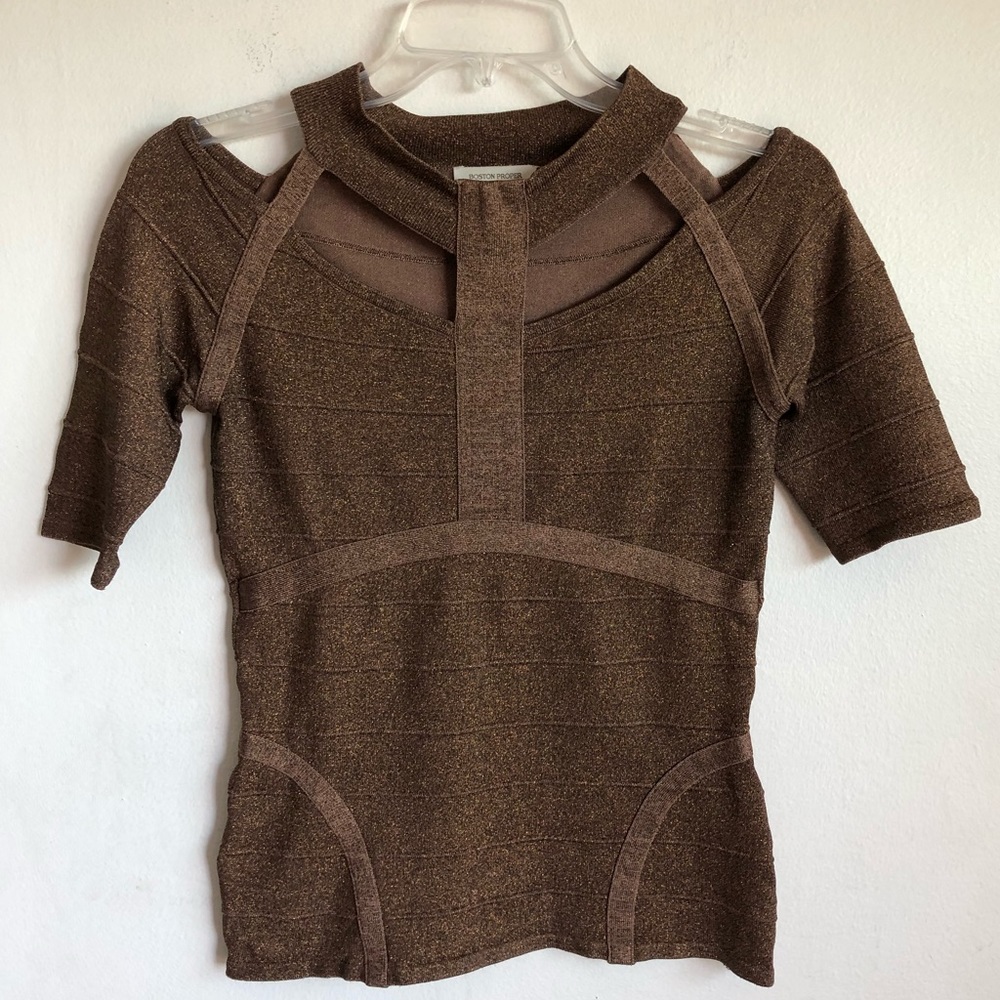 Boston Proper Metallic Copper Peek-a-Boo Top XS